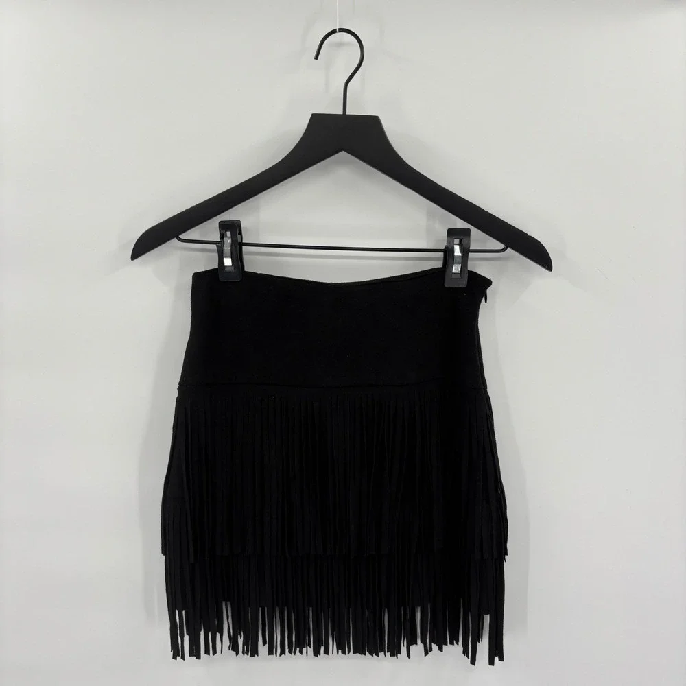 Fringe Faux Suede Mini Skirt Small Black Festival Coachella Western Gasparilla - Picture 1 of 10